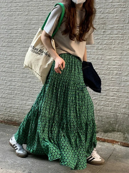 Korean Style Casual Classic Ladies Maxi Floral Skirt Loose A-line