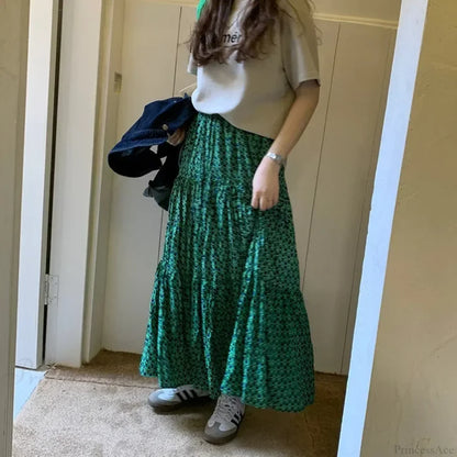 Korean Style Casual Classic Ladies Maxi Floral Skirt Loose A-line