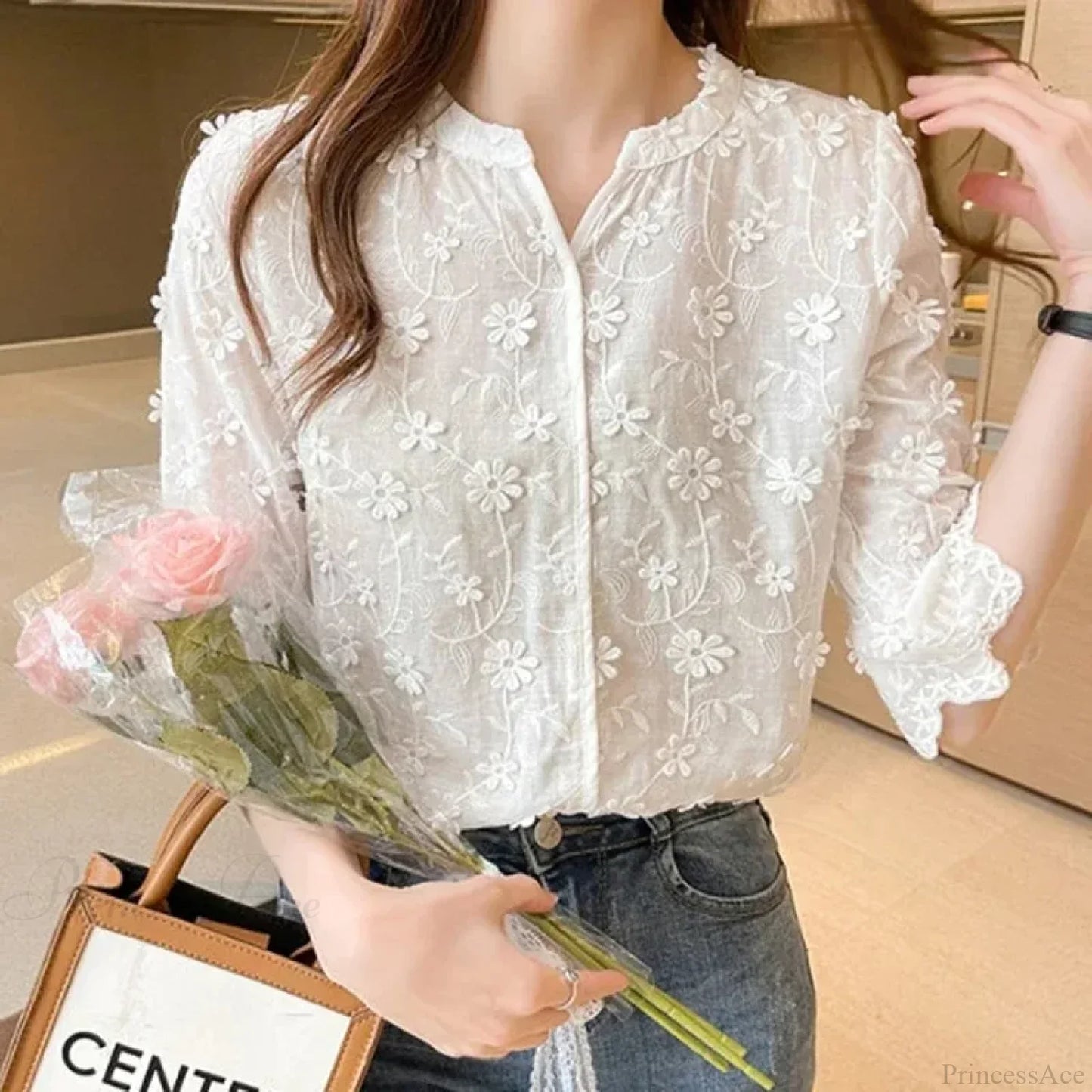 Lace Embroidered Floral Short Sleeve Casual White Blouse