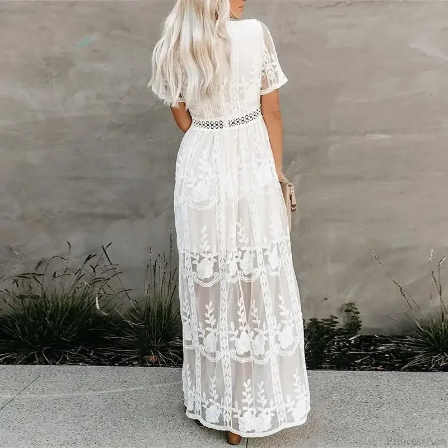 Lace Embroidery Patchwork Long Sleeve White Boho Dress