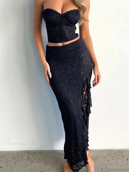 Lace Floral Bustiers Crop Top High Split Long Skirt Set