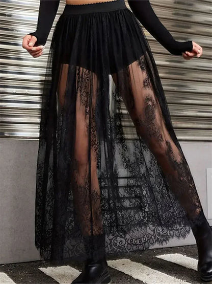 Lace Floral Long Maxi Skirt Solid Mesh Built-in Shorts Skirt