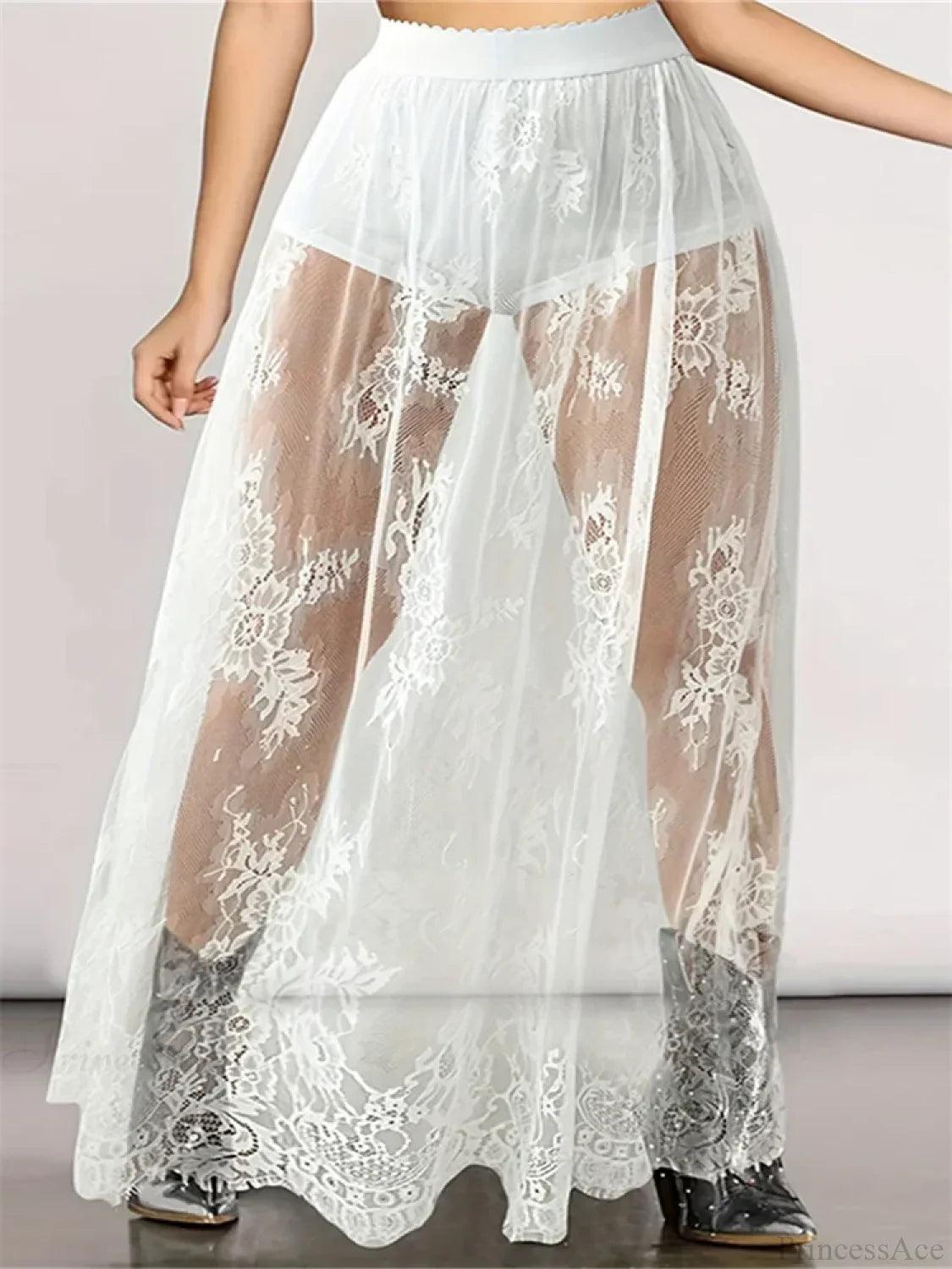 Lace Floral Long Maxi Skirt Solid Mesh Built-in Shorts Skirt