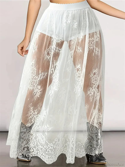Lace Floral Long Maxi Skirt Solid Mesh Built-in Shorts Skirt