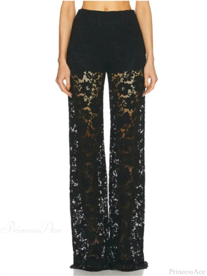 Lace Floral Loose Wide Leg See-Through Mesh Pant
