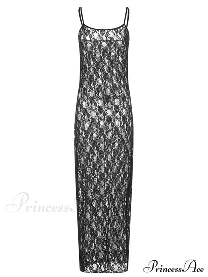 Lace Floral Mesh See Through Summer Beach Cover Ups Women Sleeveless Strap Solid Slim Vestidos