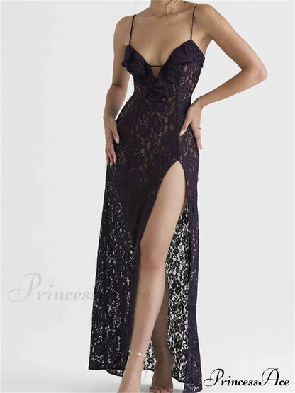 Lace Floral See Through for Women Sexy Sleeveless Strap V-neck Ruffles Patchwork High Split Vestidos