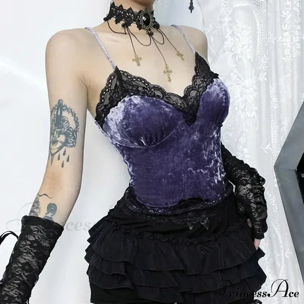 Lace Gothic Aesthetic Velvet Grunge Punk Bodycon V-neck Elegant Classic Crop Top