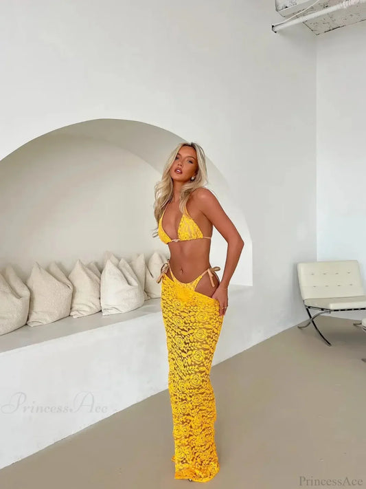 Lace Halter Skirt Three Piece Swimsuit