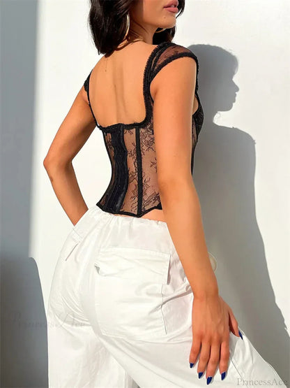 Lace Mesh Sheer Sleeveless V-neck Crop Top