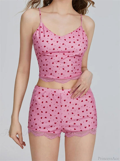 Lace Patchwork Heart Print Camis Crop Top with Casual Shorts Pajama Set