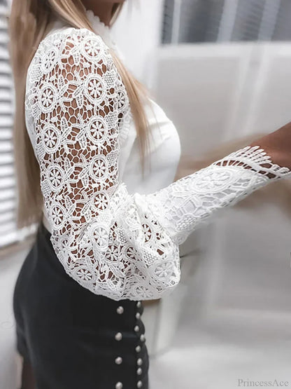 Lace Patchwork Hollow Out Button-Up Office Blouse