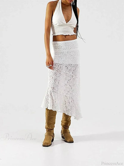 Lace Patchwork Low Waist Summer Long Skirt Casual Skirt