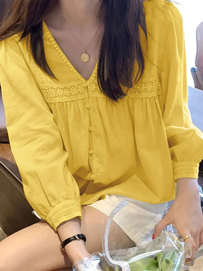 Lace Patchwork V-neck Oversized Blouse