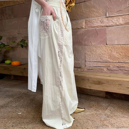 Lace Patchwork White Wide Leg Pants