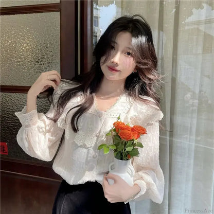 Lace Ruffle Edge Long Sleeve Blouse Sweet Blouse