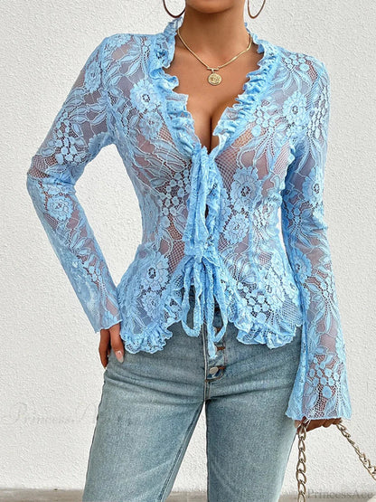 Lace See-Through Sexy Long Sleeve Blouse