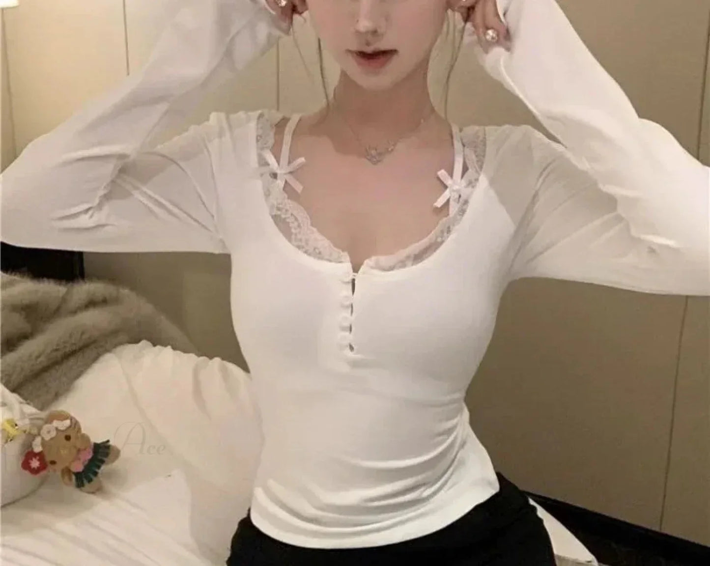 Lace Stitching V-neck Skinny Pink Coquette Aesthetic Top Women