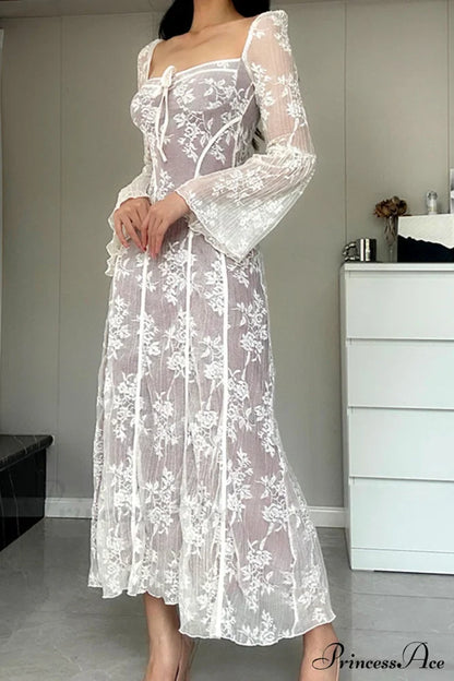 Lace Tie-up Flares Sleeve Midi Dress
