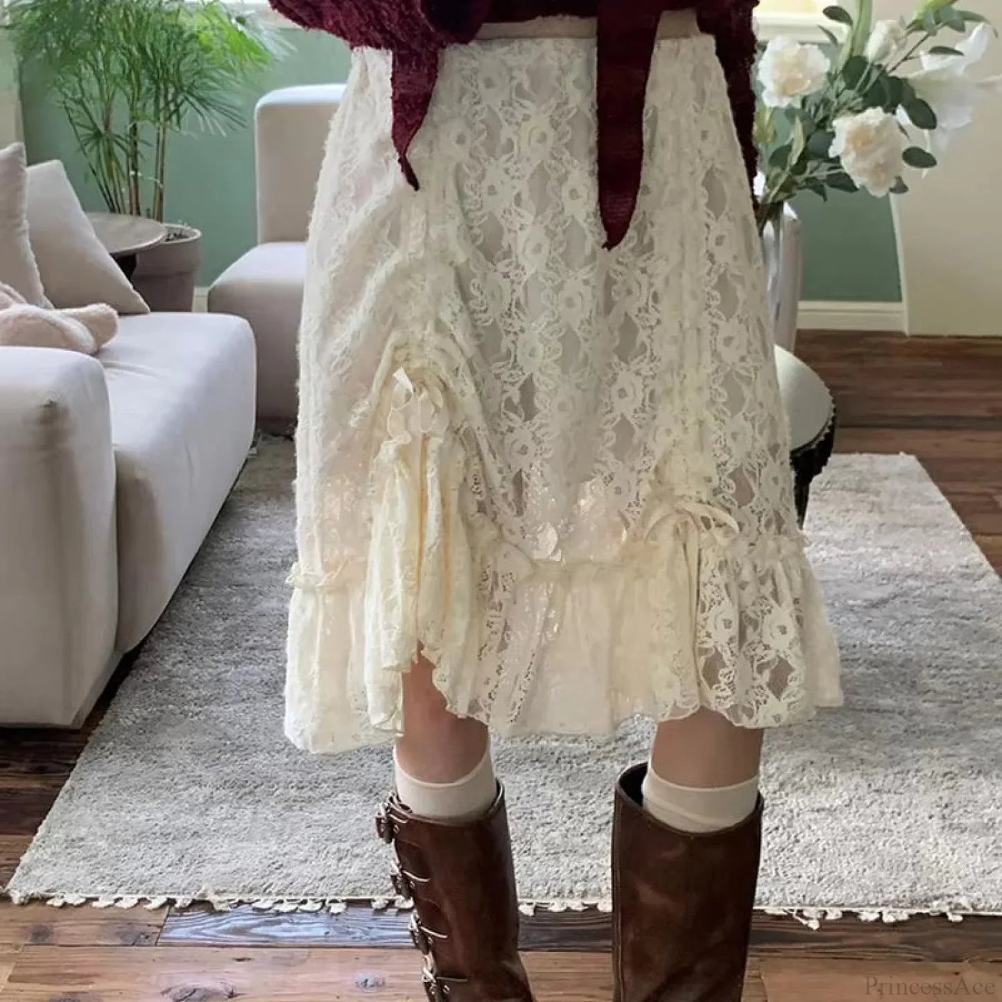 Lace Transparent Vintage Drawstring Bandage Skirt