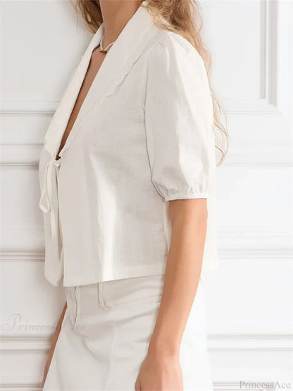 Lace Trim Front Tie-Up V-neck Blouse