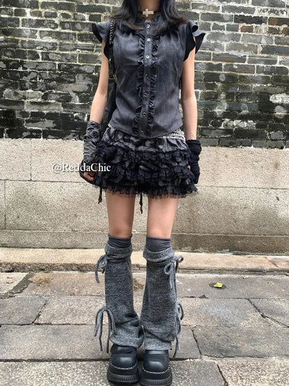 Lace Trim Puffy Ruffle Skirt