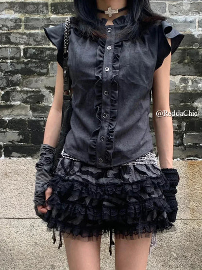 Lace Trim Puffy Ruffle Skirt