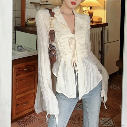 Lace Up Blouse Turn-down Collar Women Blouse