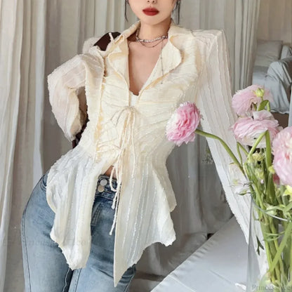 Lace Up Blouse Turn-down Collar Women Blouse