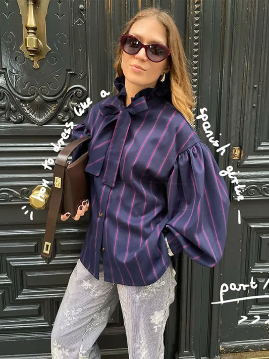 Lace Up Collision Striped Round Neck Blouse