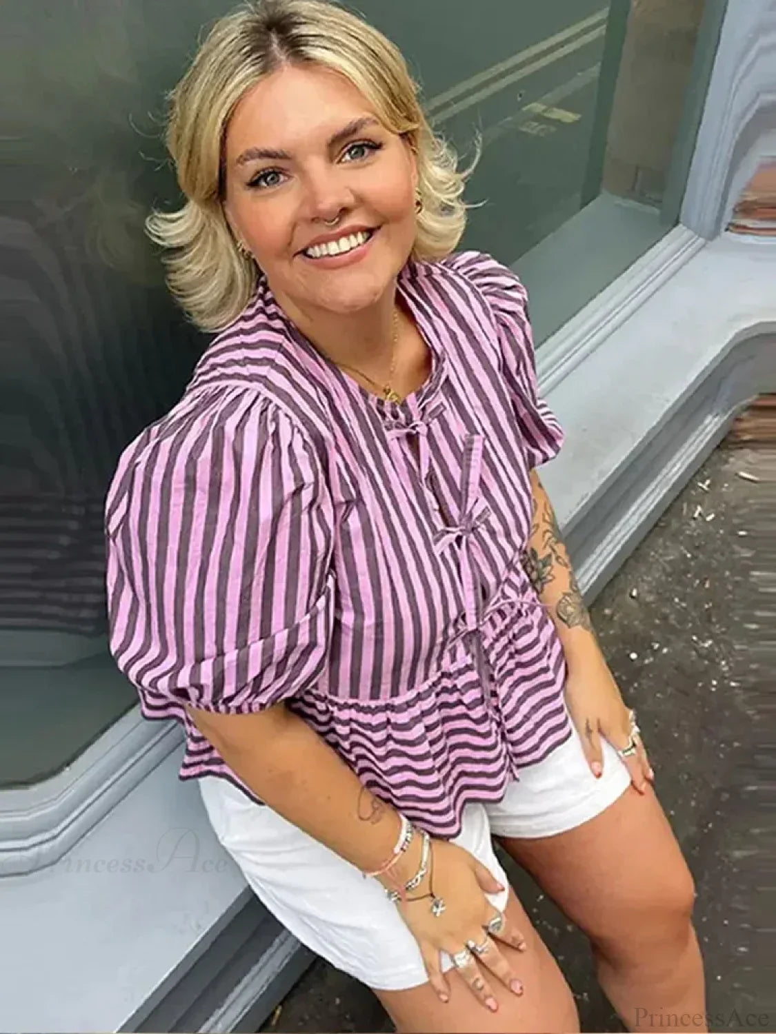 Lace Up Striped O-neck Loose Short Sleeve Blouse