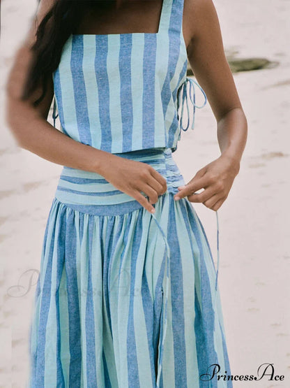 Lace-up Tank and Ruched Graceful Waist Midi Skirt Set