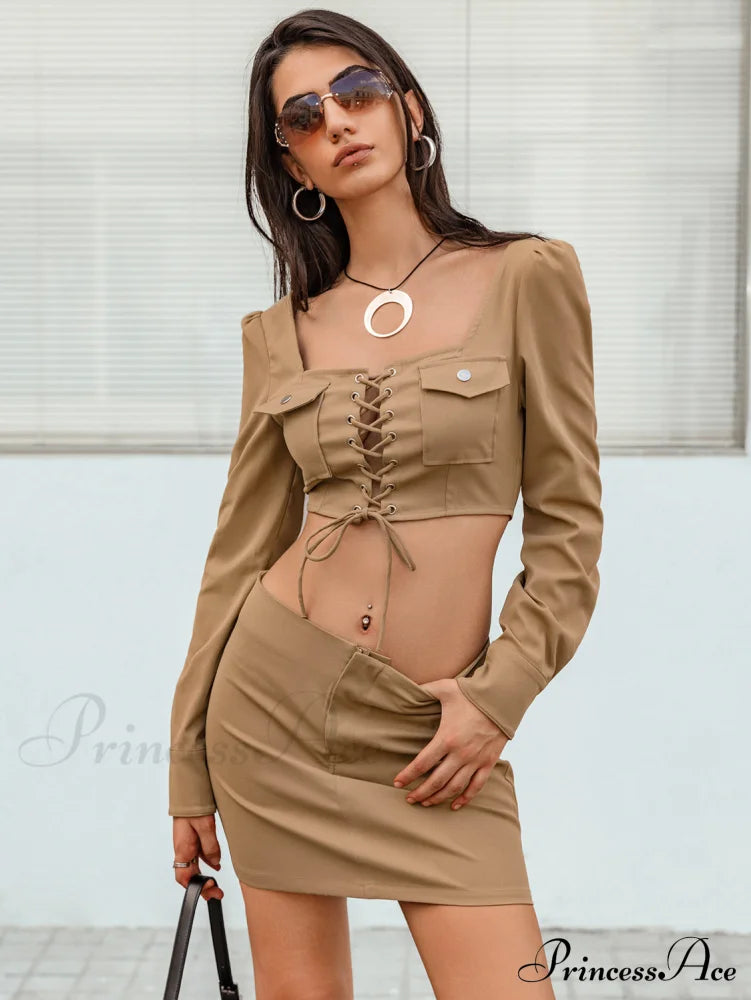 Lace-Up with and Set Cropped Top Skirt Detail