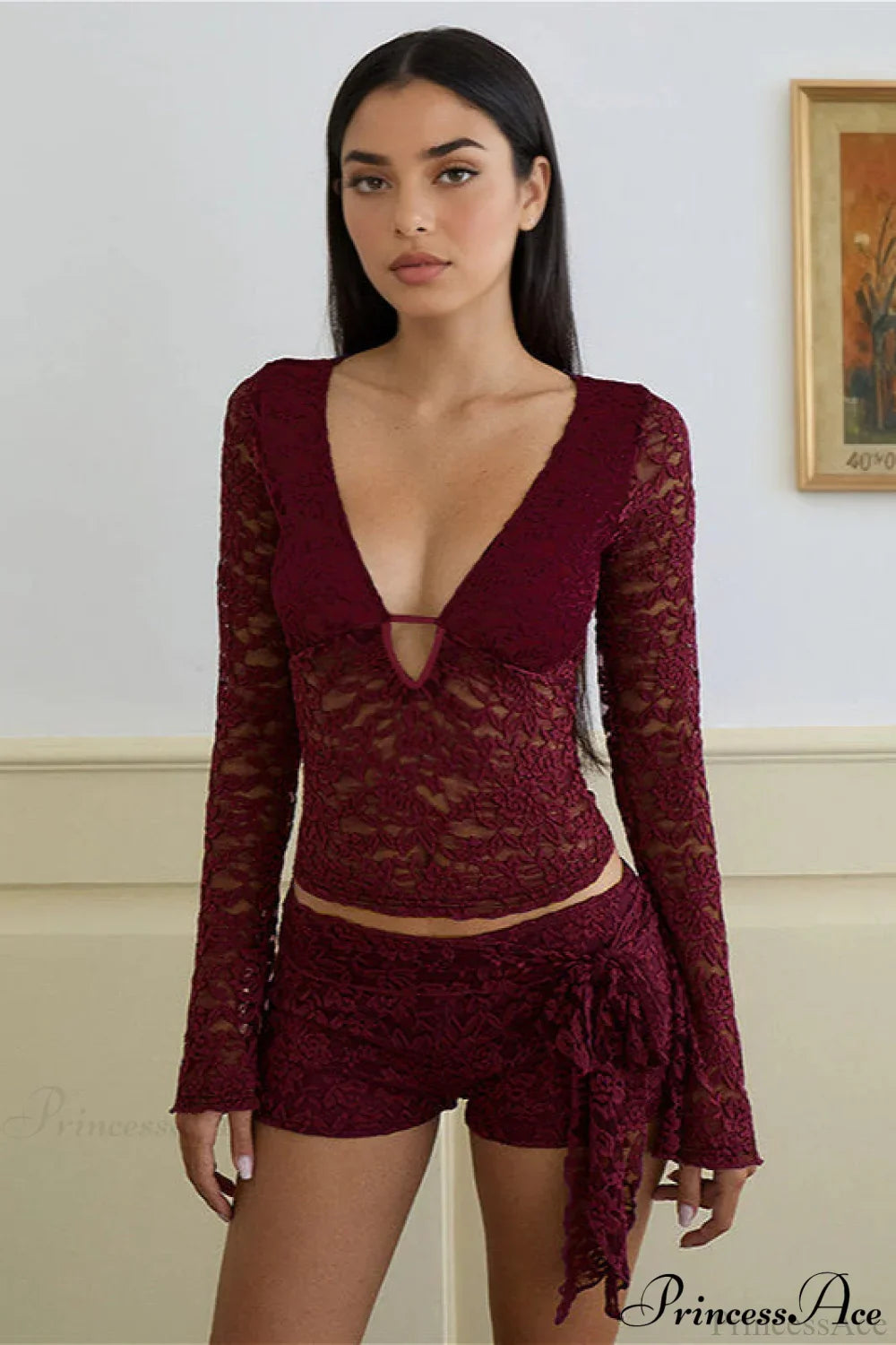 Lace V Neck Cutout Long Sleeve Tee