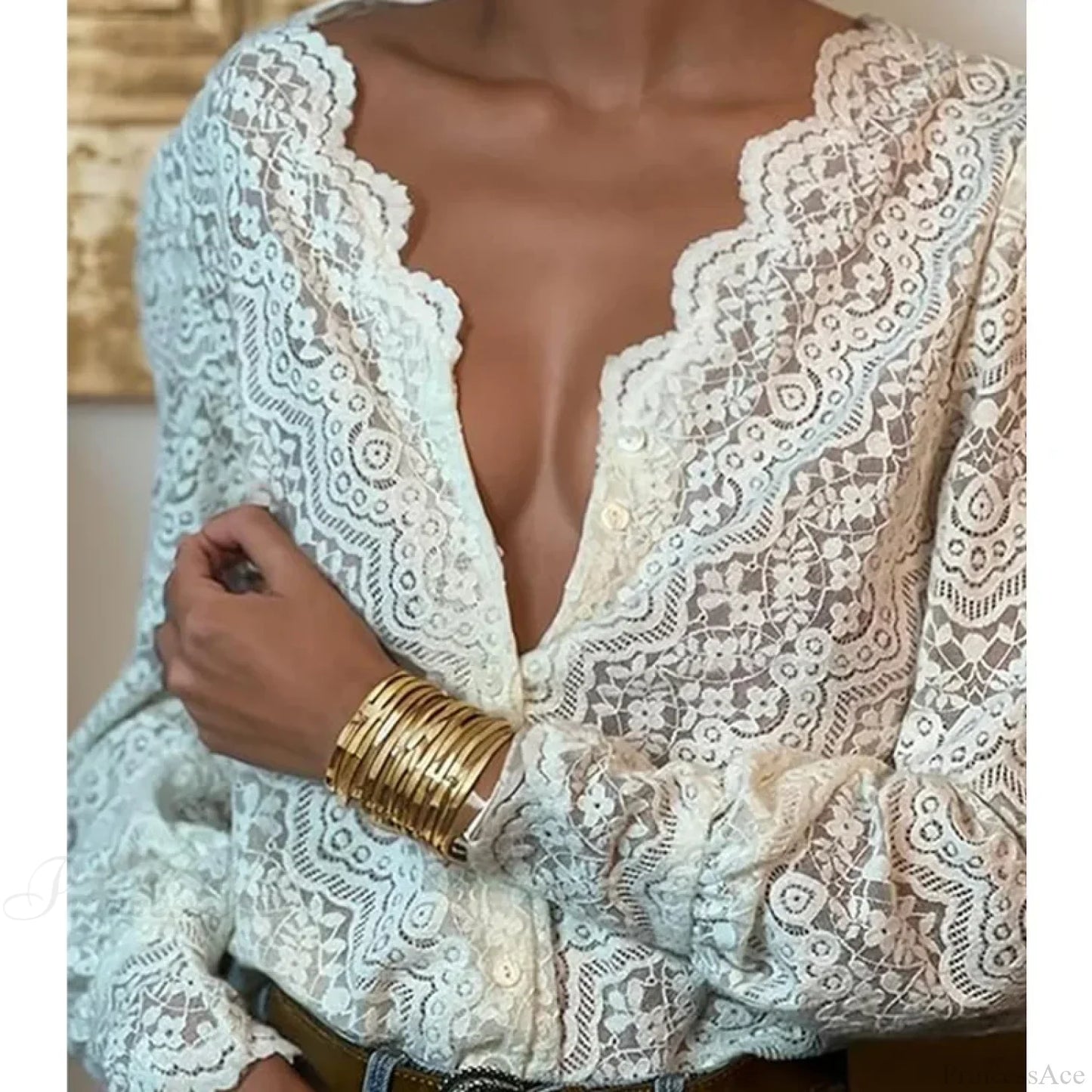 Lace V-Neck Floral Vintage Elegant Long Sleeve Boho Blouse