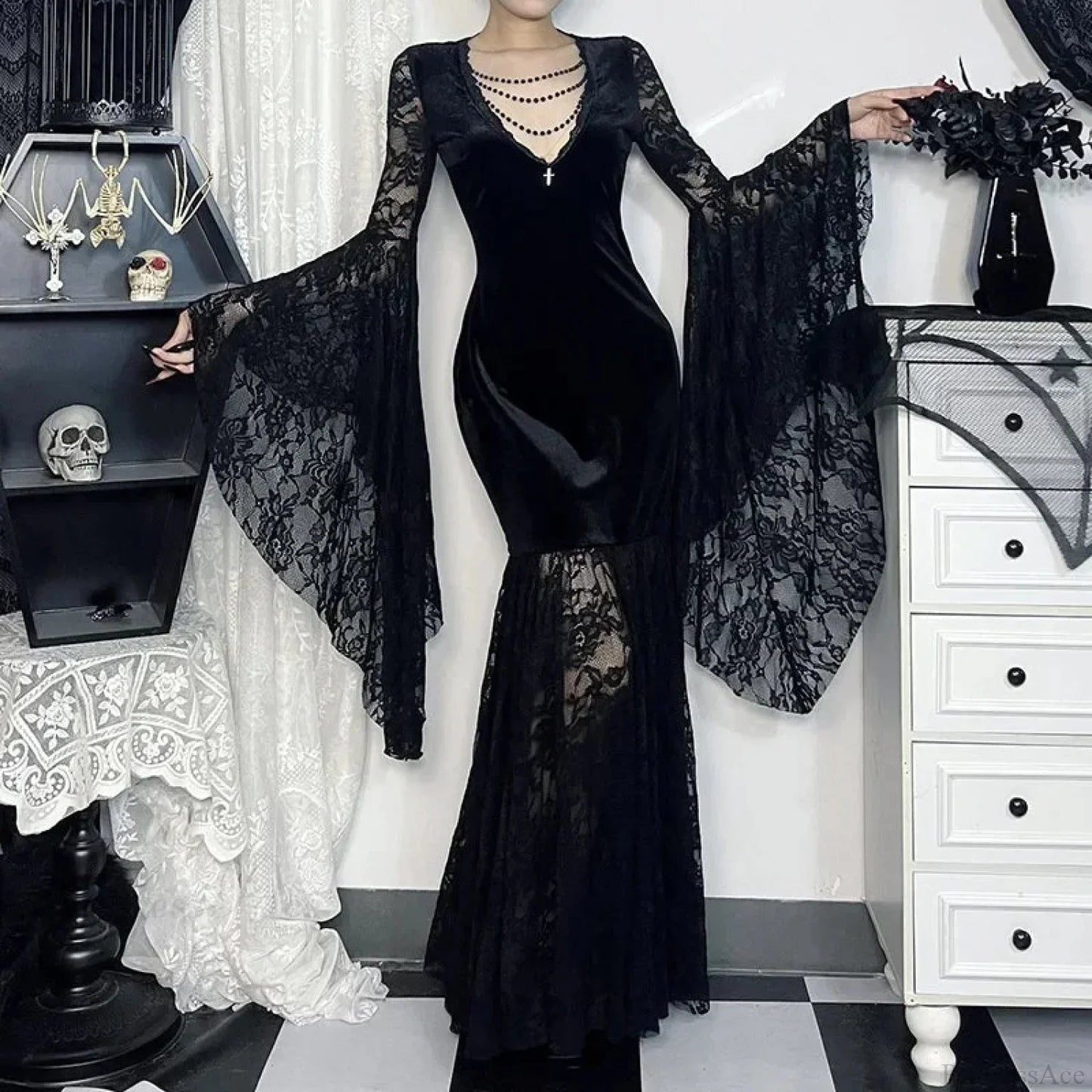 Lacy Mesh V-Neck Long Dress