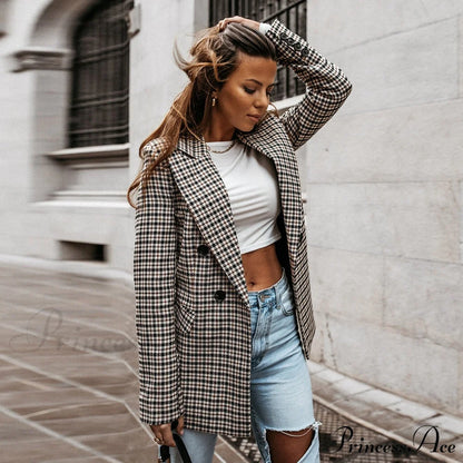 Ladies Notched Collar Plaid Blazer
