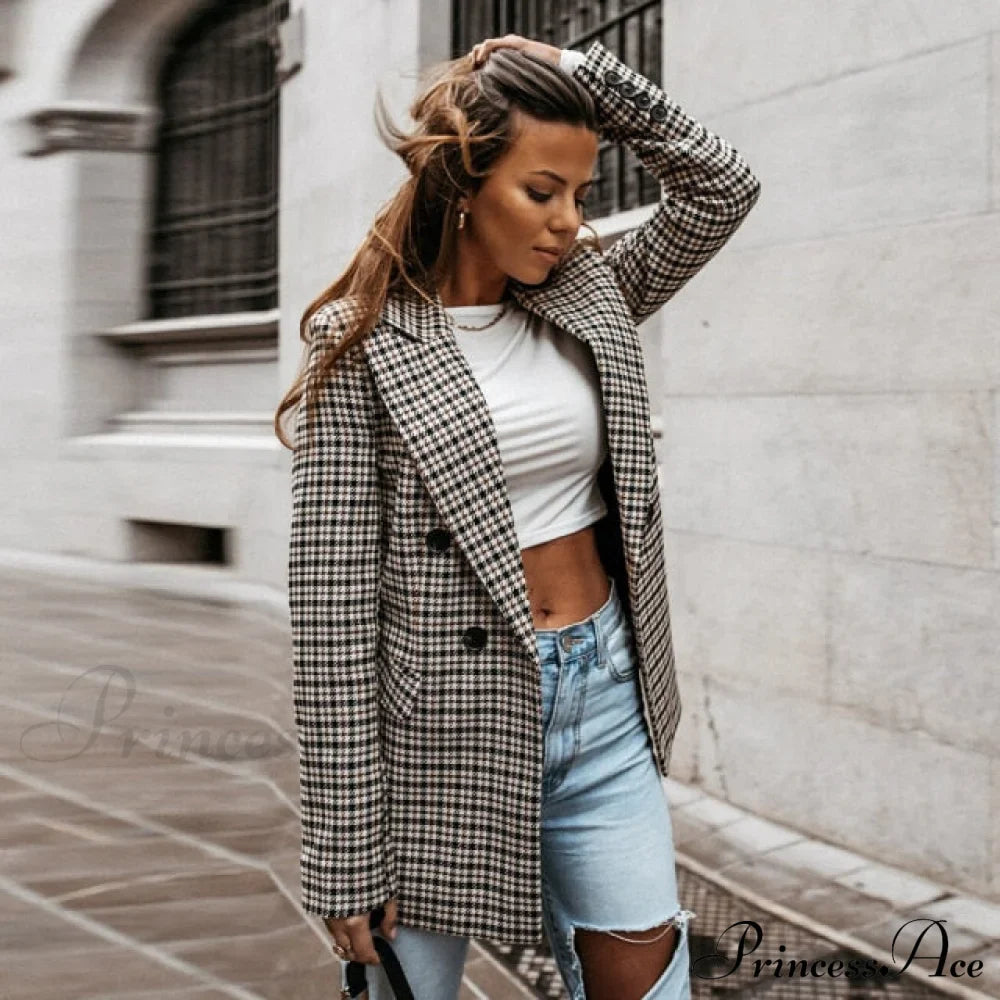 Ladies Notched Collar Plaid Blazer