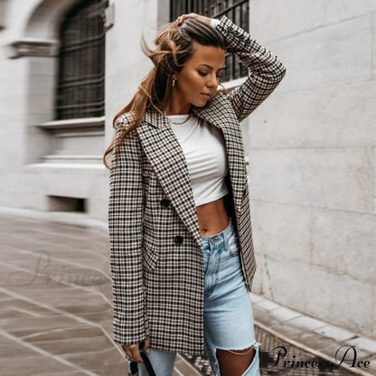 Ladies Notched Collar Plaid Blazer