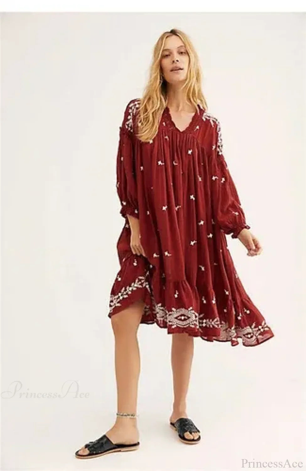 Lantern Long Sleeve Cotton Rayon Embroidery Dress
