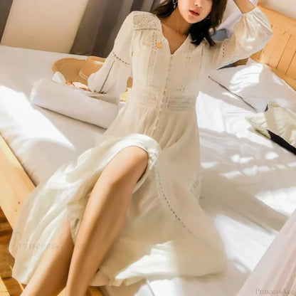 Lantern Sleeve Cotton Rayon Lace Splice Long Dress Vintage White V-neck
