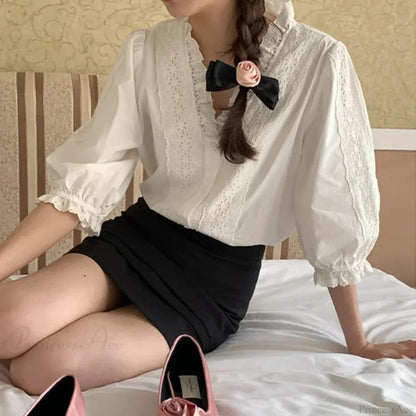 Lantern Sleeve Ruffles V-Neck Cotton Boho Office Blouse