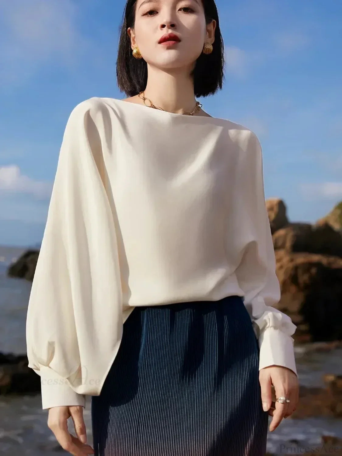 Lantern Sleeve Satin Casual Blouse Fashion Blouse