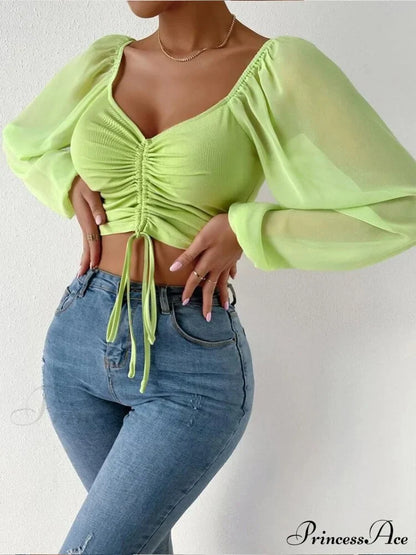 Lantern Sleeve V-Neck Fashion Blouses