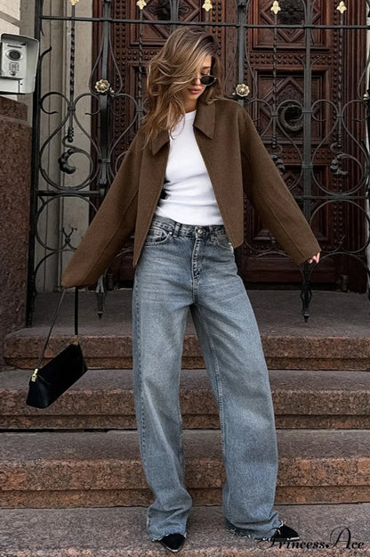 Lapel Long-Sleeve Zip Loose Woolen Jacket