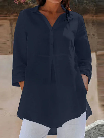 Lapel Neck 3/4 Sleeve Casual Loose Button Blouse