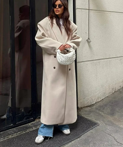 Lapel Woolen Double-Breasted Shoulder Pad Overcoat