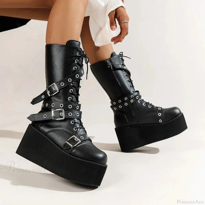 Large Size Women Tie Up Buckle Elevated Gothic Boot