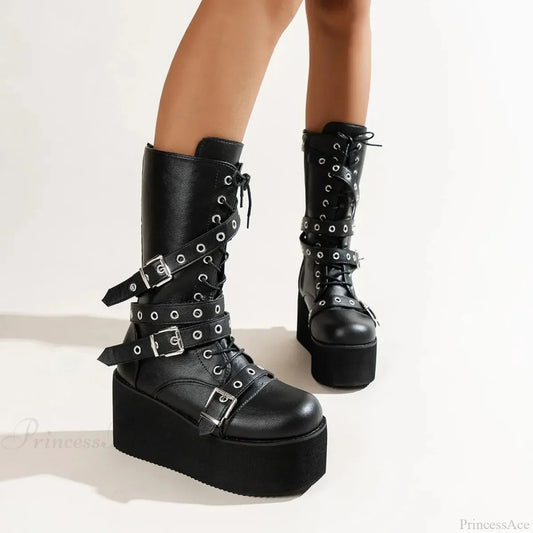 Large Size Women Tie Up Buckle Elevated Gothic Boot