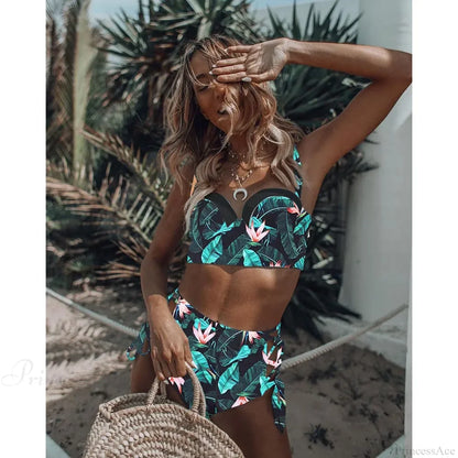 Conjunto retro de dos piezas con estampado de hojas y cuello halter